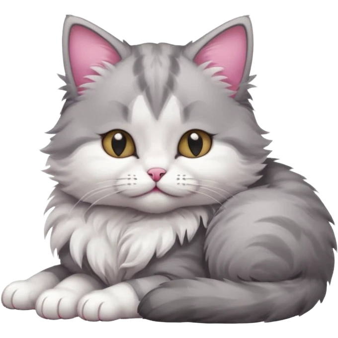 grey and white small cat with its eyes closed lying down with his head leaning on his paw emoji