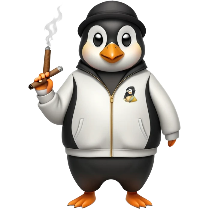 friendly anthropomorphised penguin wearing a mafia-style tracksuit, holding a cigar, secretive scheming pose, soprano vibe emoji