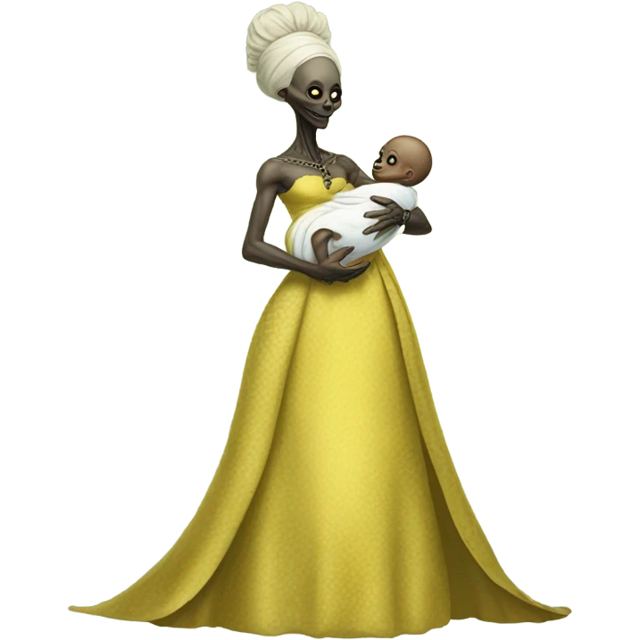  Reptilian alien woman, full body, in victorian jellow elegant dress, holds a newborn white humman baby emoji