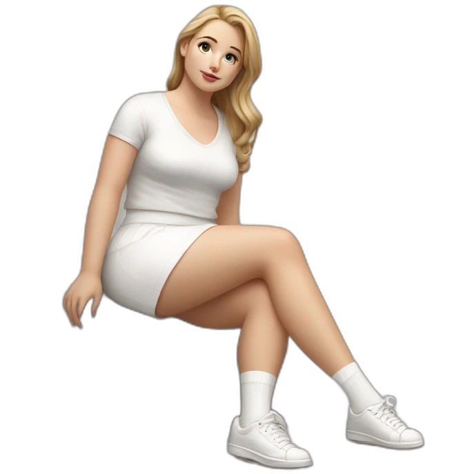 hyperrealistic-full-body-caucasian-curvy-beauty-sitting on the ground-small white-skirt-white knickers white socks emoji