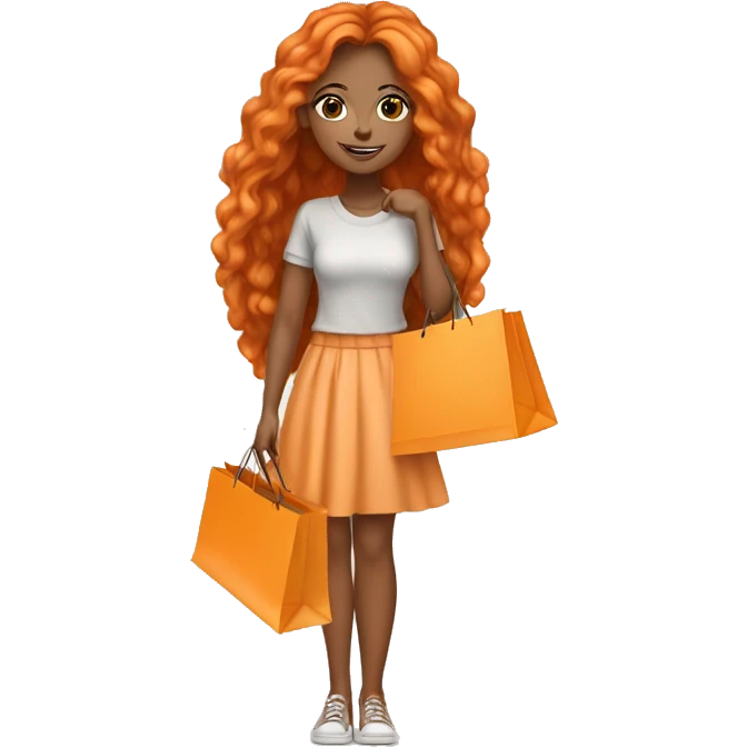 Tan girl with long orange hair wearing cute outfit holding shopping bags emoji