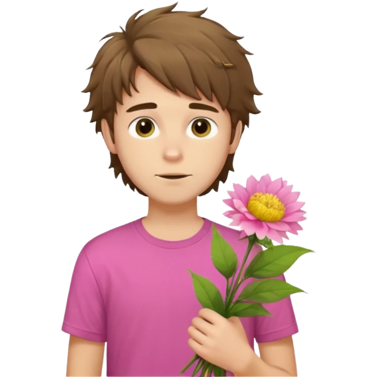 generate an ios genmoji of a 20 year old fair boy with brown long and messy hair with stubble on cheeks. carrying a pink flower bouquet, wearing a yellow tshirt, looking shy emoji
