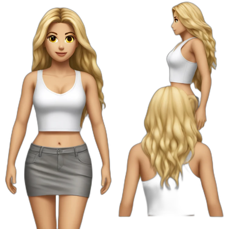 hyperrealistic shakira, long straight hair, white deep v-neck crop tanktop, gray tight mini skirt, walking body view emoji