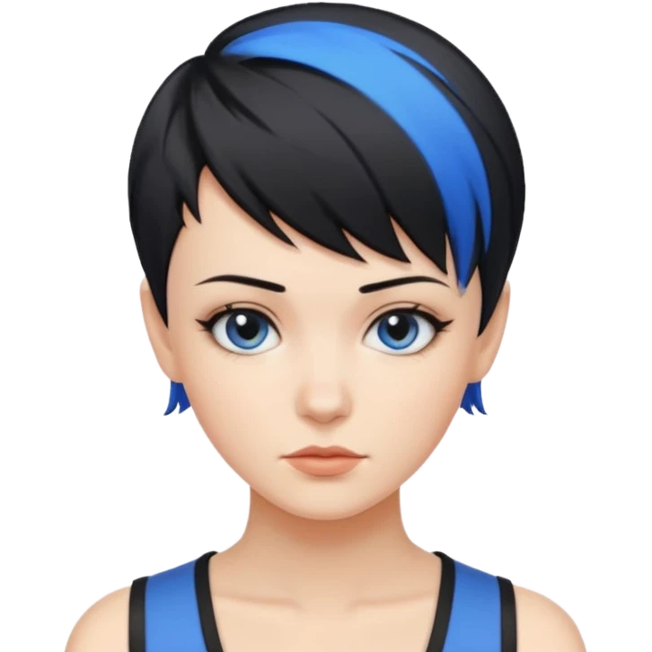 frau freche extreme schwarze Kurzhaarfrisur eine Seite wirklich fast keine Haare andere Seite mit blauer Strähne emoji