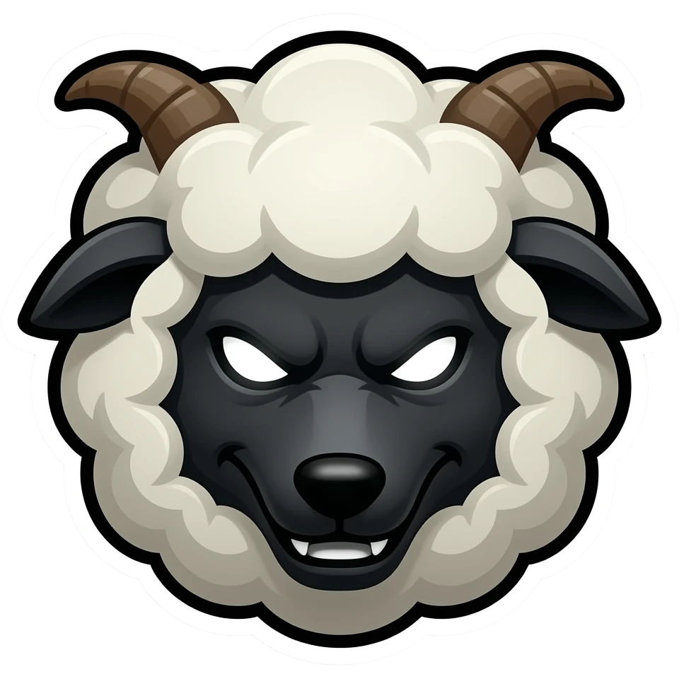 Минималистичный тёмный стикер с почти полностью чёрным фоном, в центре едва различимые светящиеся глаза в темноте (белые с мягким свечением, слегка пугающие), на голове надета овечья шкура, а на лице оскал волка emoji