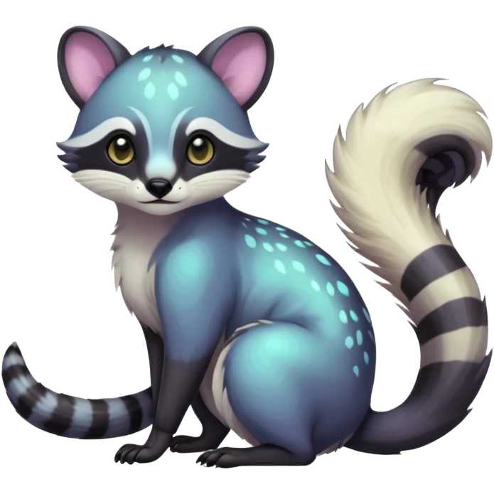 Colorful dark tropical iridescent pastel white glorious divine exotic cute cool beautiful shiny beautiful fantasy-civet-vernid-Cacomistle-Trico-animal-Fakémon-hybrid-fursona (full body) emoji