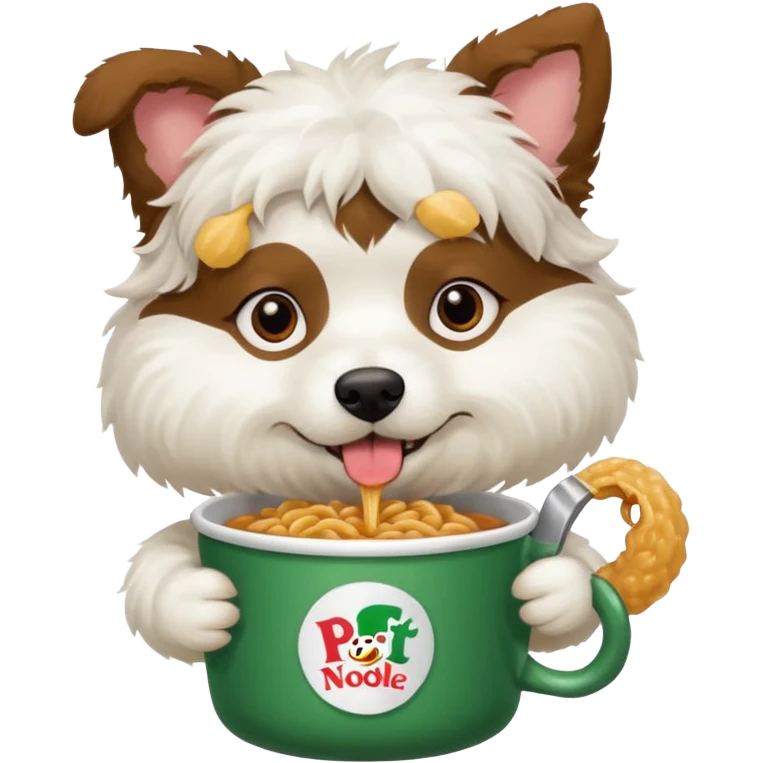 a brunette white wooly dog eating a pot noodle emoji
