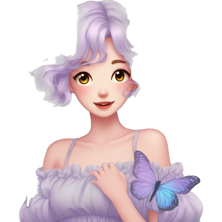 gorgeous pretty anime cartoon pastel lady with butterflies and beautiful hair fairycore cottagecore emoji