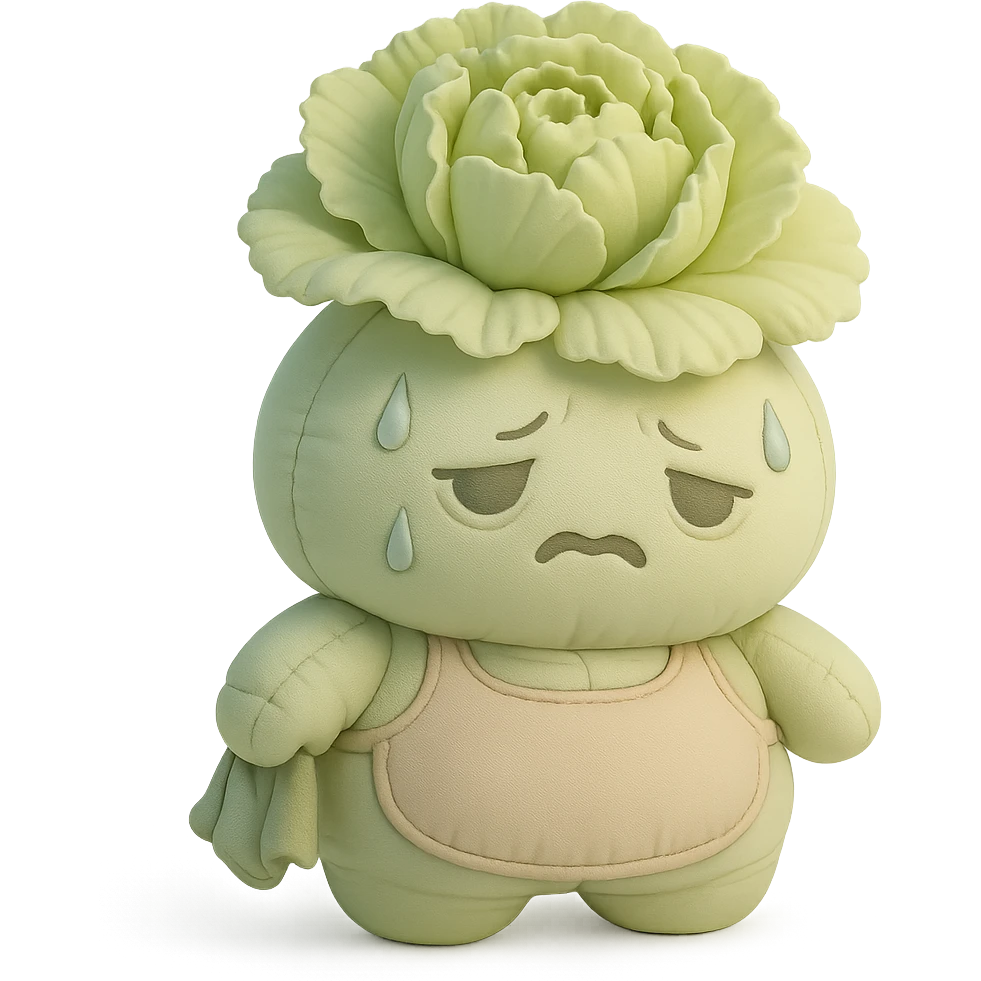 light green carnation flower with a messy apron and exhausted face, sweat dripping, holding a cleaning rag, super round chibi style, cushion style emoji