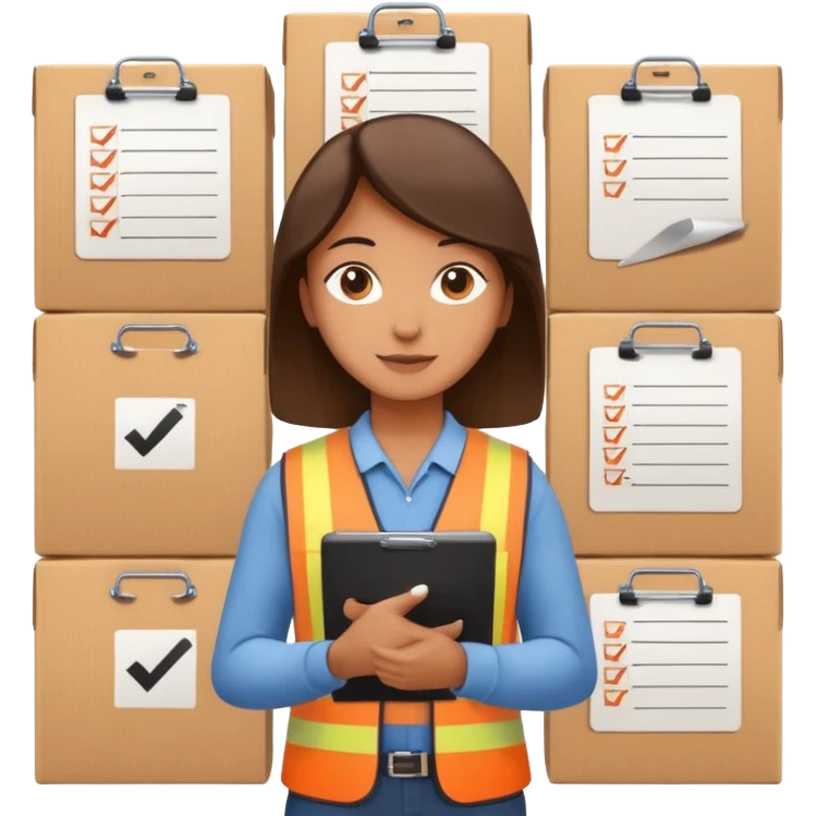 A person holding a clipboard with checklist marks next to stacked boxes, indicating stock or inventory management. emoji
