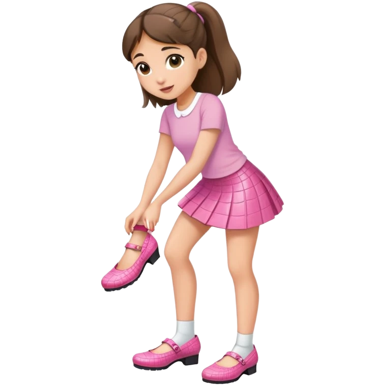 Ariana putting on her shoes wearing a pink croc top and a short white skirt  emoji