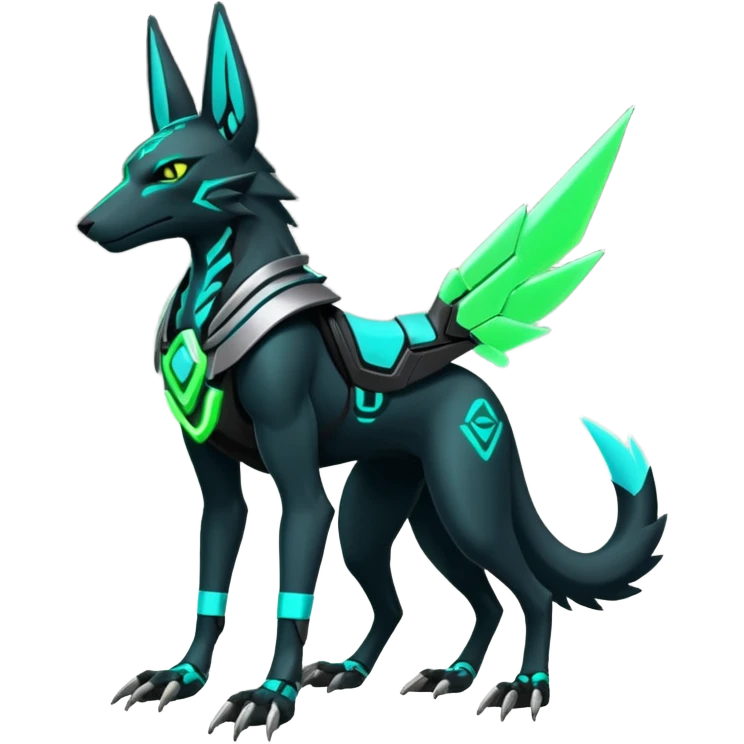 Black and green cyberpunk intricate neon glowing grey white futuristic cyborg-Anubis-Hermanubis-Zeraora-Zoroark-Luxray-fusion (full body) emoji