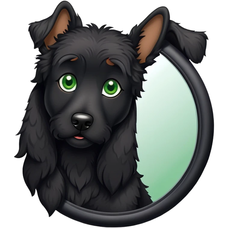 Green eyed black doodle dog and mirror emoji