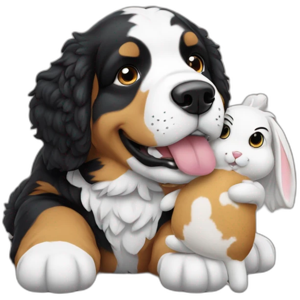 Berner sennen dog with a rabbit  plushie in his mouth emoji