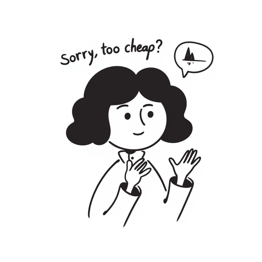 hand-drawn doodle of a person shrugging with a sarcastic expression and the words 'sorry, too cheap?' emoji