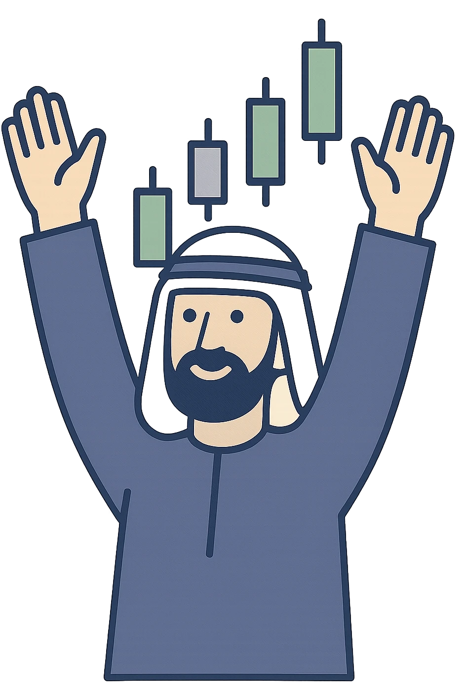 Arab trader raising hands in profit with green candles, flat modern style, Middle Eastern trading theme emoji