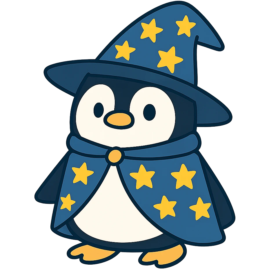 flat toon style penguin wizard with a starry hat and cape emoji