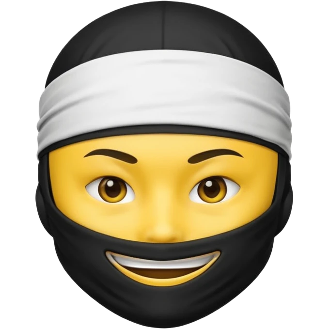 ninja face emoji with black ninja mask covering lower face, no skin color, standard emoji yellow, white headband, smiling emoji