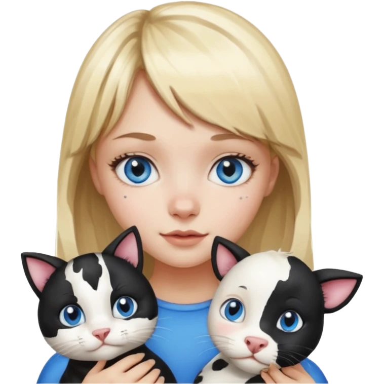 Cute cat black and white stain like a cow in the arms of a blond girl with bangs and blue eyes emoji