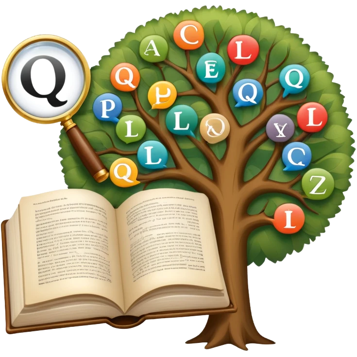 An icon featuring an open book, a speech bubble, and a linguistic tree, symbolizing philology and linguistics. The design includes alphabets, language symbols, and a magnifying glass, representing the study of language, structure, and meaning. Transparent background emoji