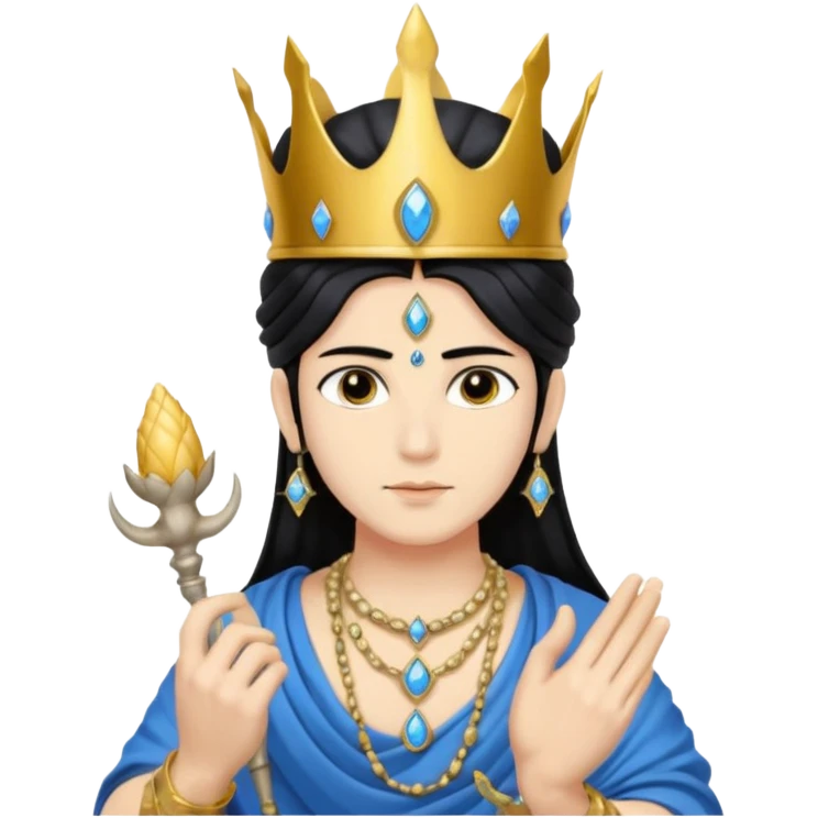 lord ishnu, shoulder length black hair, wearing crown, holding conch and chakra, blue color skin emoji