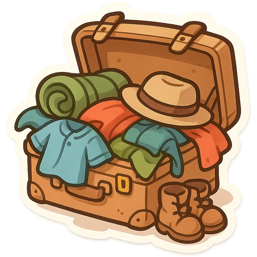 a camp trunk, open with clothes and gear spilling out, playful style emoji