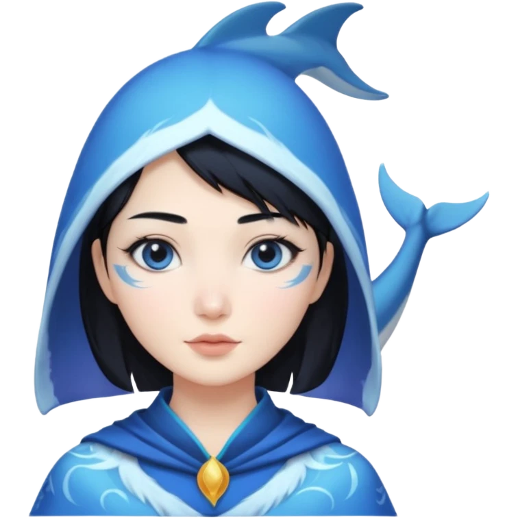 Frost wizard woman short hair and cheek painted with a dolphin below eye with Asian eyes emoji