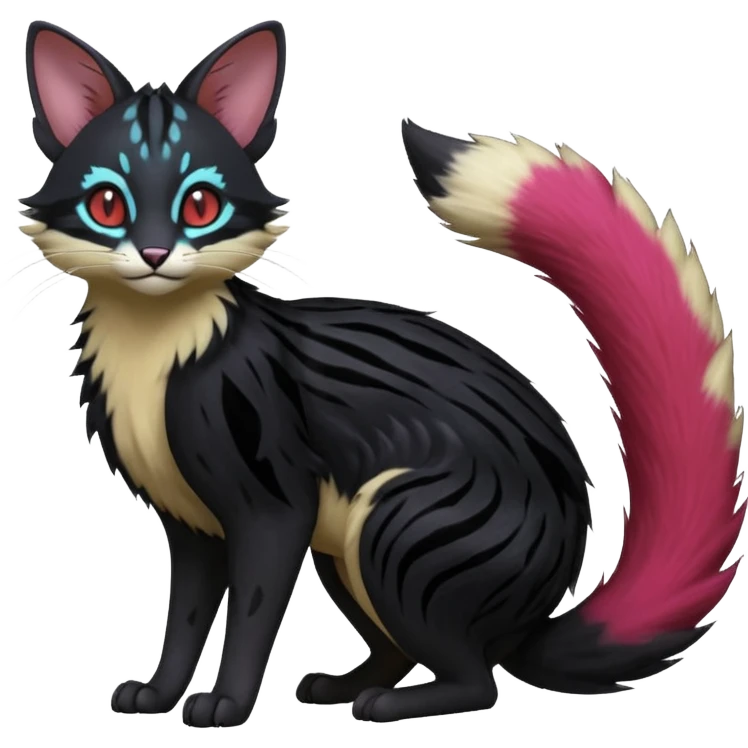Hyper realistic  void-black fur haunted by crimson neon pulse-lines like living circuitry beautiful elegant pretty precious cute  Fakémon-Pokémon-opossum-feline-serval-caracal-chinchilla-Furret-Minccino-hybrid-creature with a big fluffy bushy tail (full body) emoji