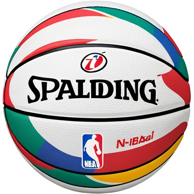 white Spalding basketball with NBA logo, featuring colorful lines on the surface emoji