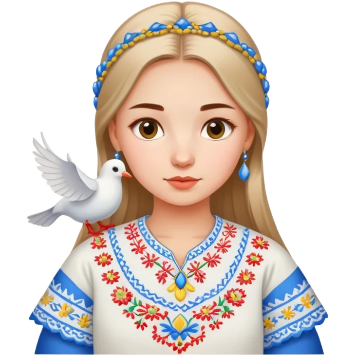 Ukrainian girl wearing a traditional embroidered vyshyvanka shirt with a white dove next to her emoji