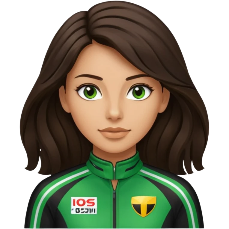 brunette long hair woman with black racing outfit with green strips emoji