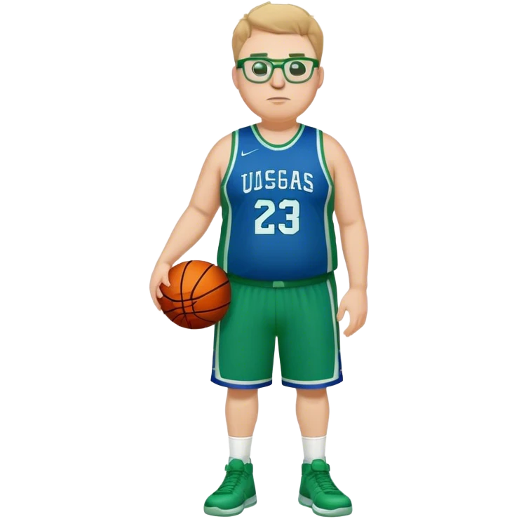 full body overweight tall white male basketball wearing glasses in blue an green uniform emoji