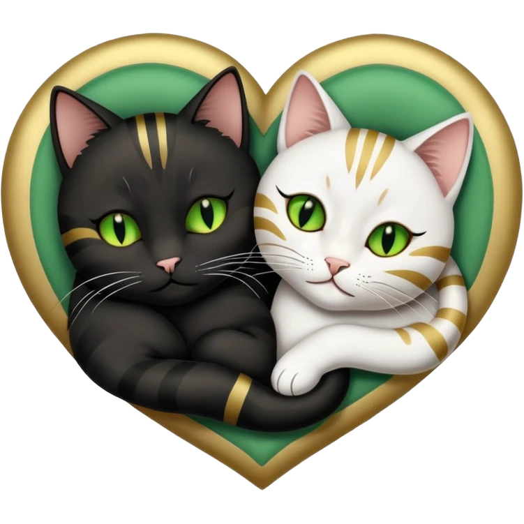 two cats, one black with gold eyes and another striped with green eyes sleeping next to eachother forming a heart emoji