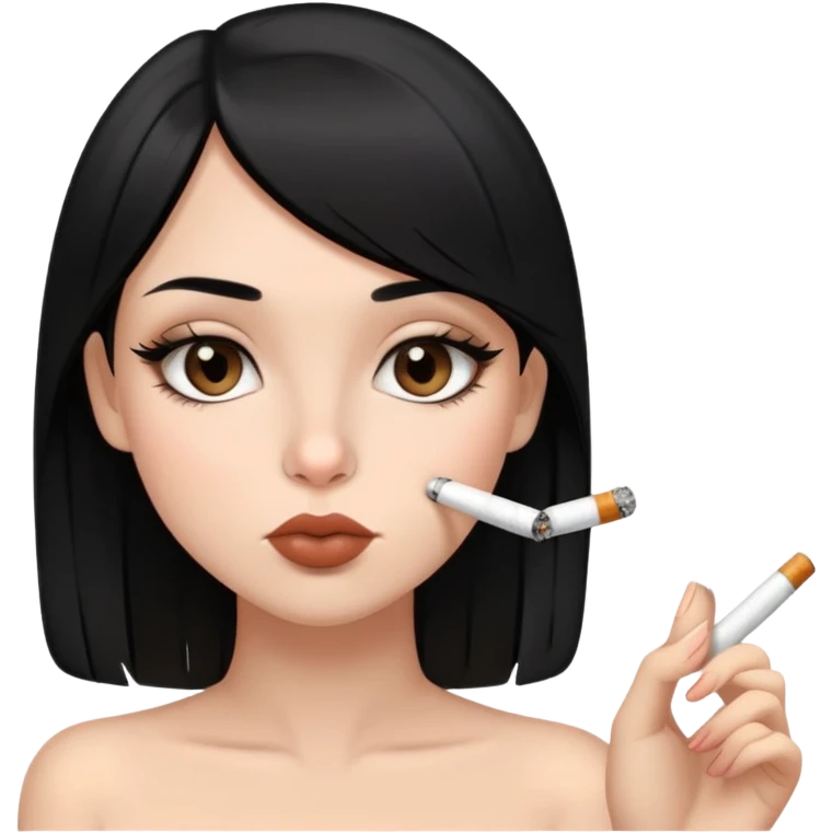 Girl with black straight hair, big brown eyes, small nose, nude lipstick, smoking a cigarette  emoji