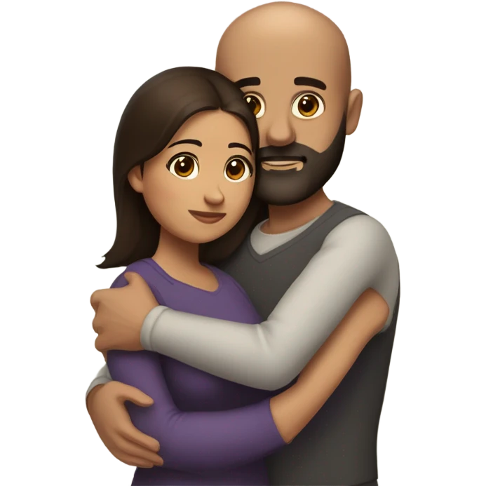 Comforting hug from brunette Puerto Rican with dark brown eyes to short, bald man with brown eyes and a beard emoji