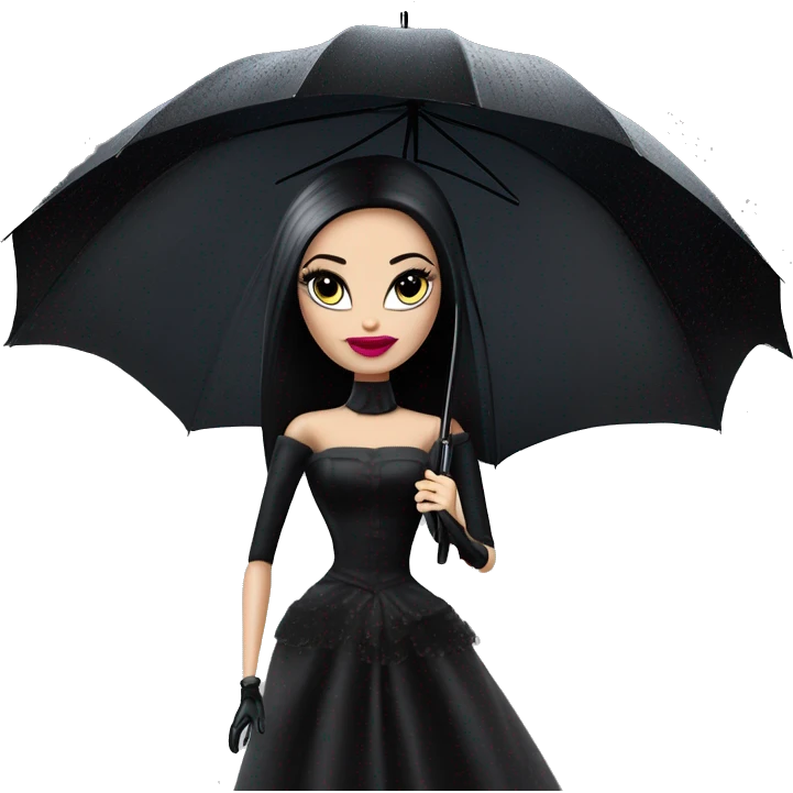 Parisienne Pretty Barbie Morticia Addams at a rainy funeral holding mbrella, accessories gloves carrying clutch  emoji