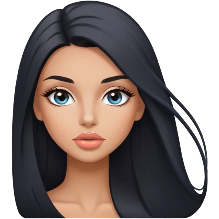 Glamours, tanned, very beautiful girl, with big pump peach-beige-rose lips, long long lashes, black straight smooth silky long hair, straight parting hair, blue-grey eyes emoji