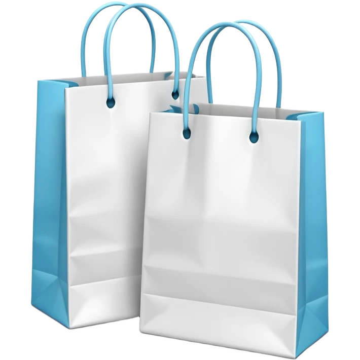 A 3D emoji of two white paper shopping bags, one large and one small, standing next to each other. Soft studio lighting, smooth 3D rendering, claymorphism style, minimalist design, cute, high resolution, isolated on a white background. emoji