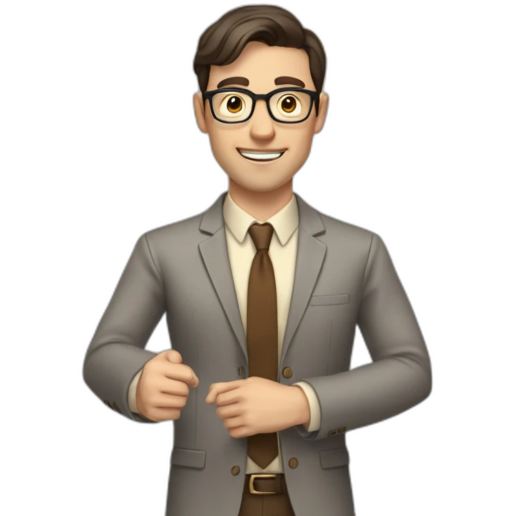 To belt Actively gesturing with hands Pale skinned fit man teacher with dark brown hair in gray jacket, beige office shirt, brown tie, brown pants and vintage glasses. emoji