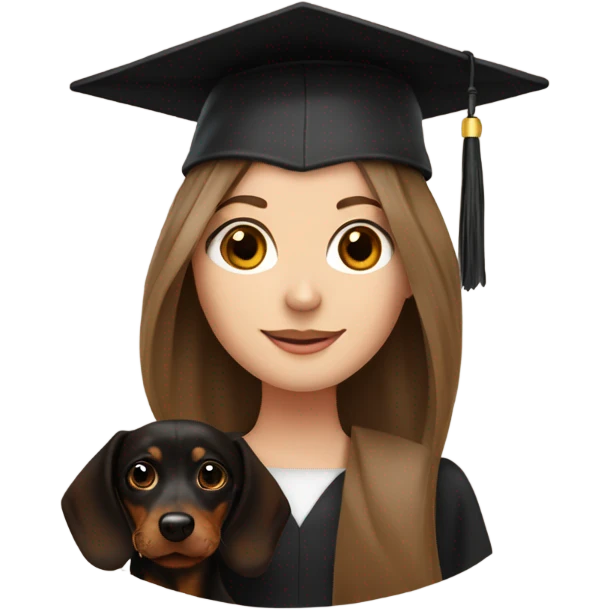 Brown haired white girl in graduation cap holding black long haired dachshund  emoji