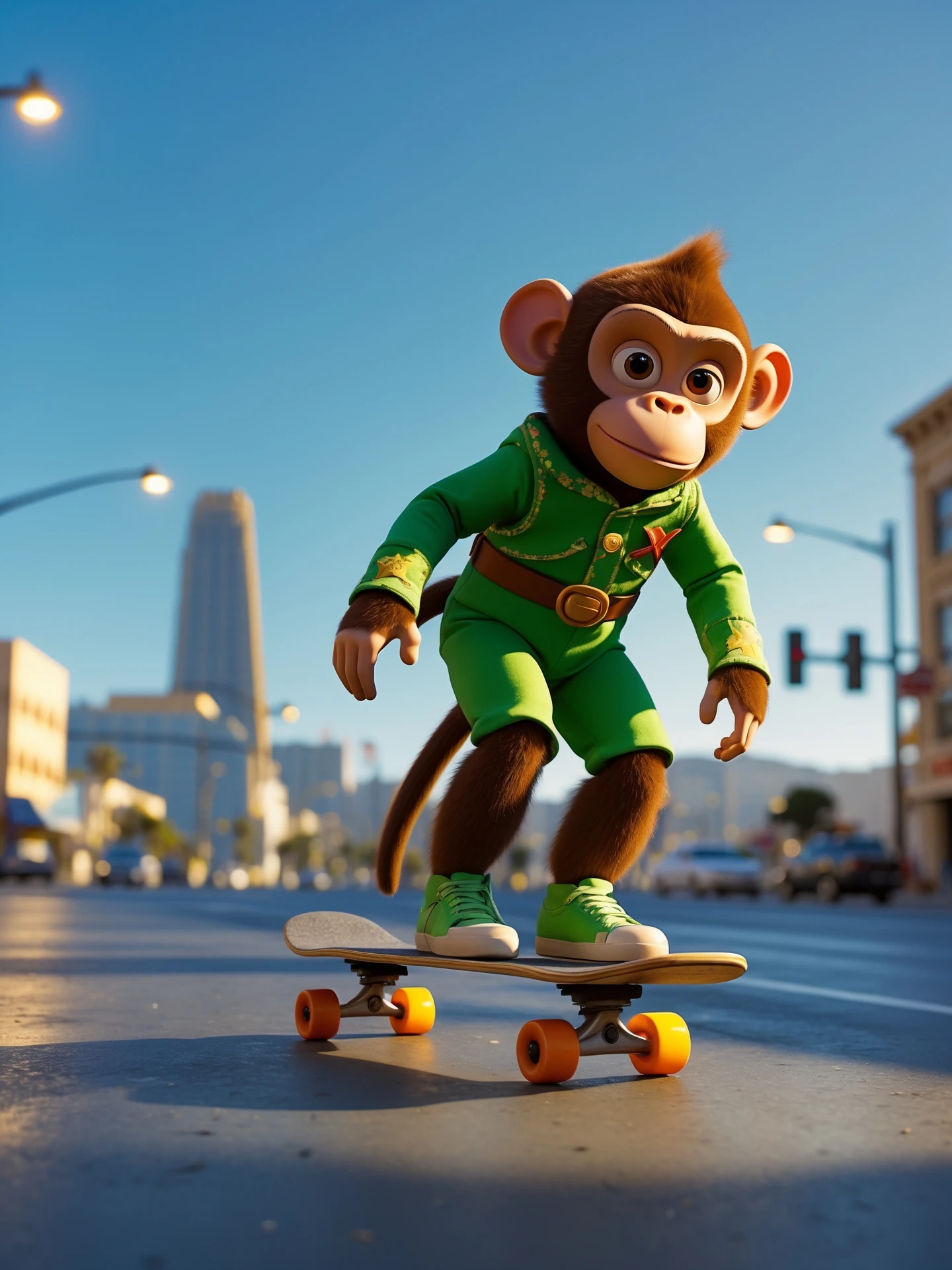 Disney style Cinematic still scane, Low angle shot, monkey dress in green outfit, monkey ride on skateboard, san francisno downtown with city lanscape, blue clean sky, captured by ARRI Alexa XT, soft cinematic lightning, back light, inspired by ToyStory 4 emoji