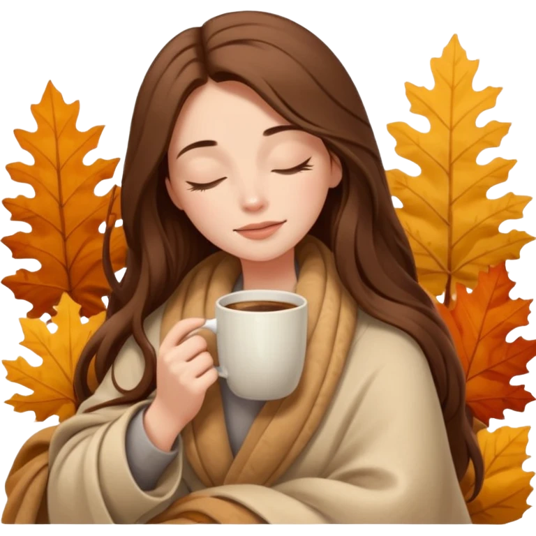 long brown hair woman closed eyes covered with cozy beige blanket, holding cup of coffee, autumn mood emoji
