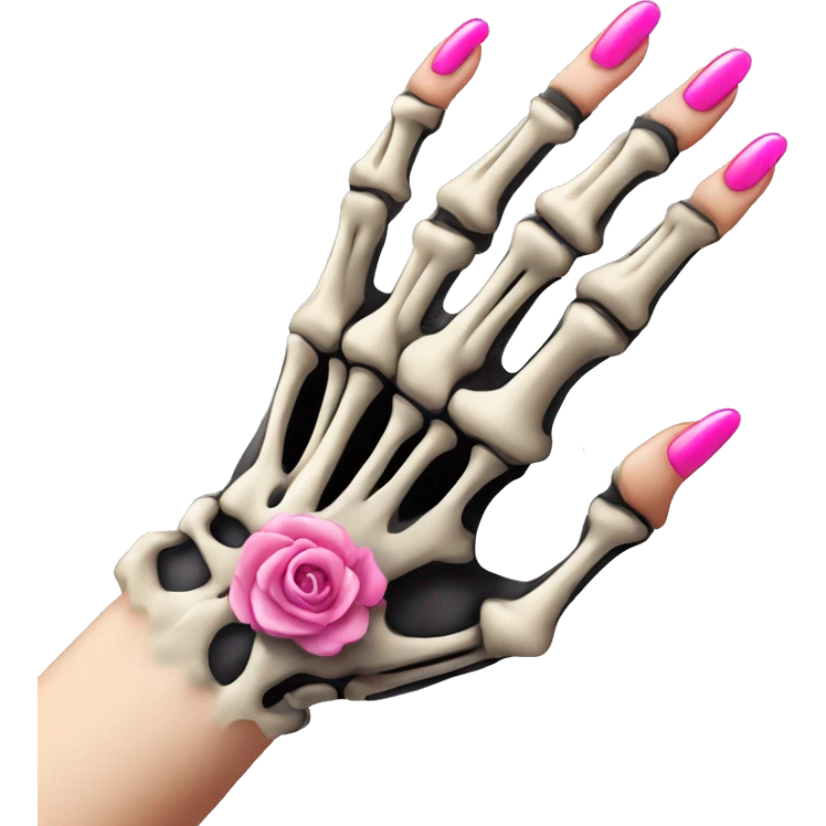 Pretty skeleton hand 5 fingers with pink nails manicure girly design but stylish minimalistic emoji
