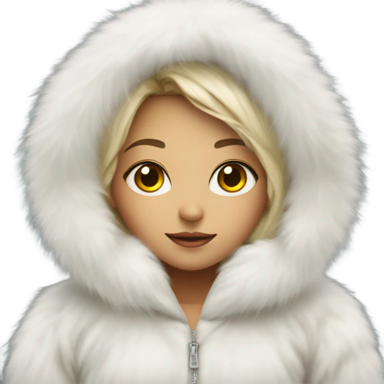 Girl in a big fluffy oversized white fur coat with hood on emoji