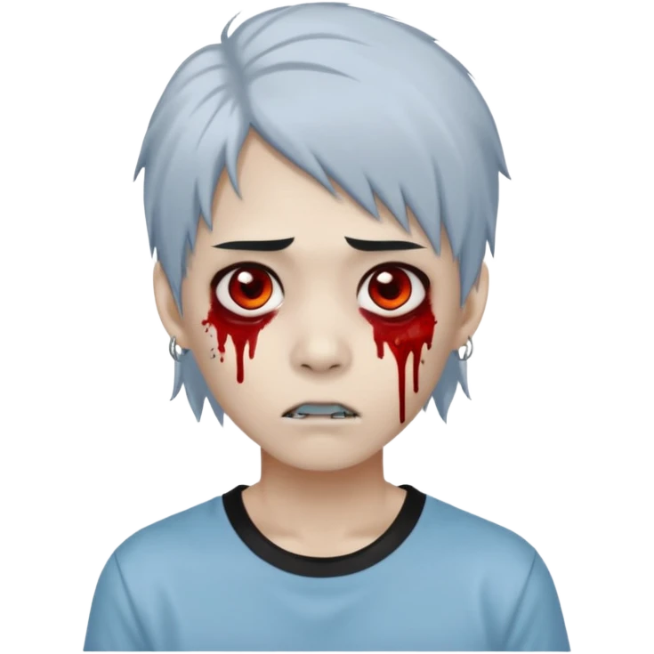 Create a 3D emoji-style avatar with very pale blue-grey zombie skin like the reference image, a young Asian face, and large eyes with blood tears. Give it white mullet-style hair, silver hoop earrings, and a simple black T-shirt. The expression should be neutral or slightly angry emoji
