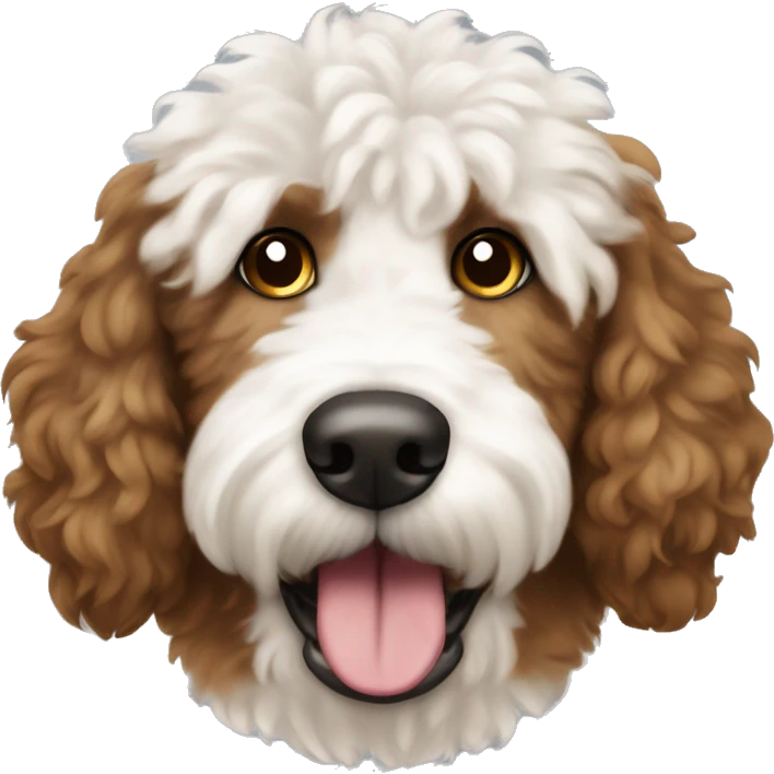Brown and white patches Golden doodle dog showing tongue white head brown ears and brown patch on top of head fluffy head emoji