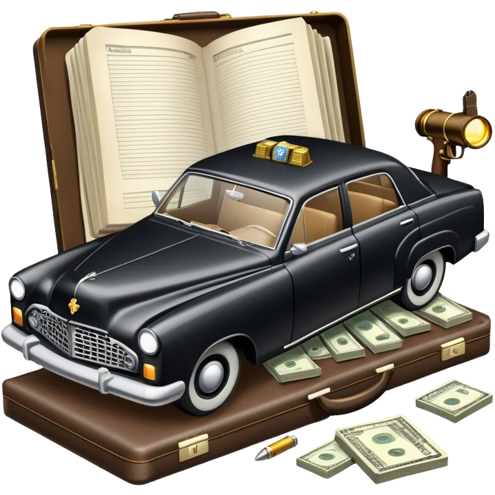 Icon for Action & Crime Reading: an open book with dramatic crime scenes—bullet holes on pages, a detective badge, a revolver, and a getaway car. Surrounding elements include a briefcase with cash and a flickering streetlight. Transparent background. emoji