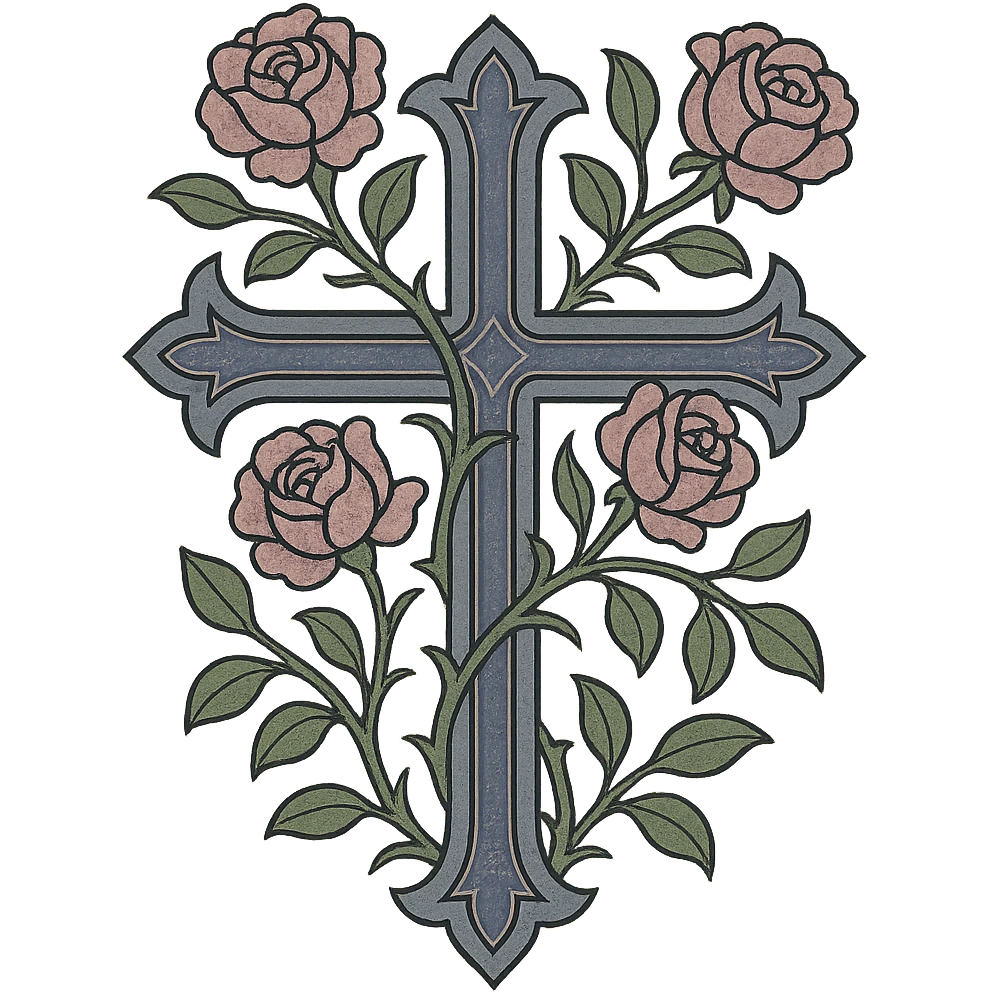 gothic cross with pink roses entwined, elegant and dark, medieval art style emoji