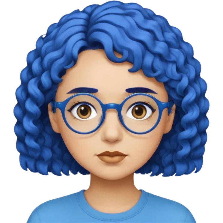 laydy with short, curly blue hair, matching blue eyebrows, light brown skin, round black glasses, and a neutral facial expression. emoji