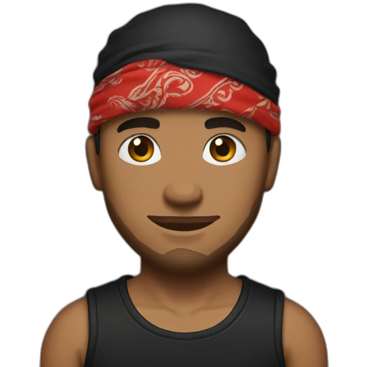 A man with tattoos in a black T-shirt and a red bandana emoji